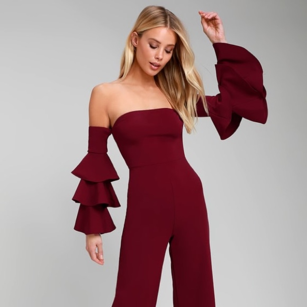 Lulu’s Burgundy Off-the-Shoulder Jumpsuit